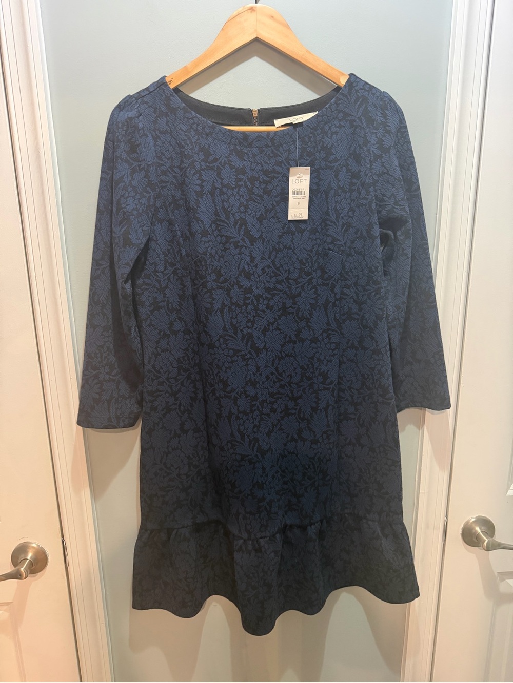 LOFT Navy Floral Jacquard Ruffle-Hem Tunic Dress